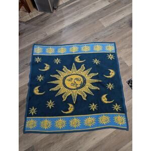 Vintage Celestial Sun Moon Stars Mink Blanket Reversible Blue Gold Whimsigoth 90
